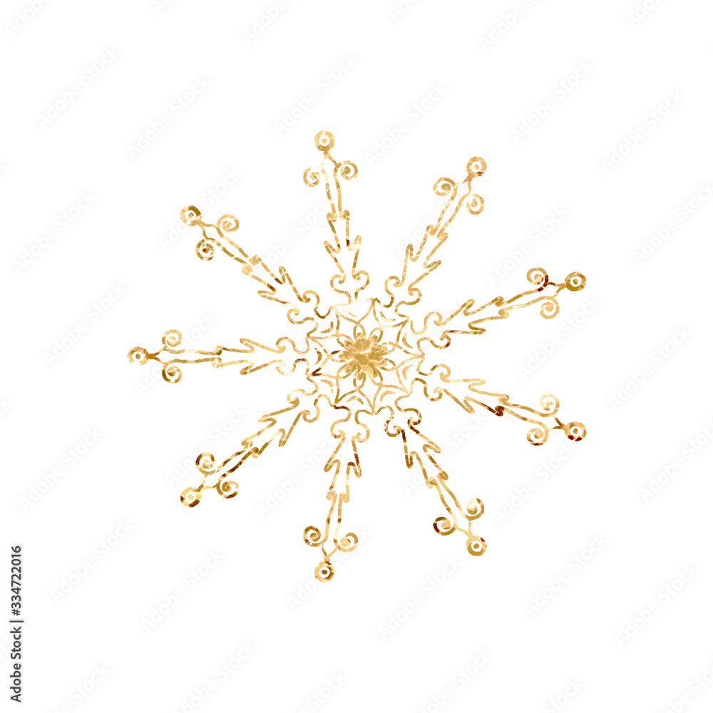 Gold Snowflake Isolated On A White Background Hand Drawn Illustration Gold Snowflake Isolated On A White Background Hand Drawn Illustration