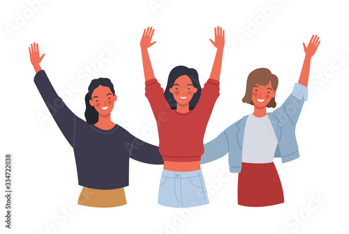 Three young women smiling and raising their hands. Vector illustration in a flat style