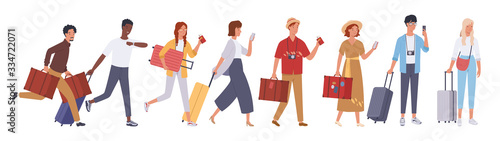 Tourist groups walking with luggage. Vector illustration in a flat style