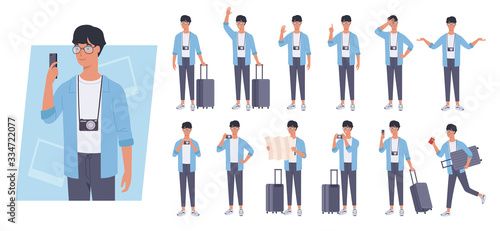 Tourist man with luggage character set. Different poses and emotions. Vector illustration in a flat style