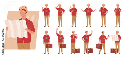 Tourist man with luggage character set. Different poses and emotions. Vector illustration in a flat style