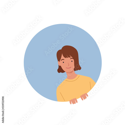 Woman looking out of round frame. young woman in circle window. Vector illustration in a flat style