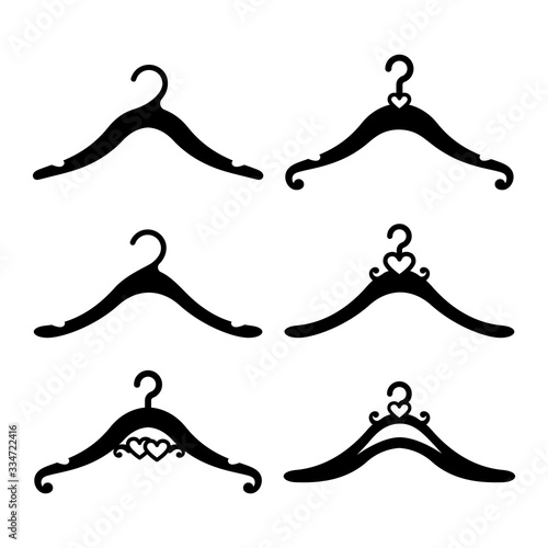 Vector silhouettes of wedding hangers. Laser cutting templates. Wedding celebration decor for groom, bride, bridesmaid and groomsman .Vector illustration isolated on white background.