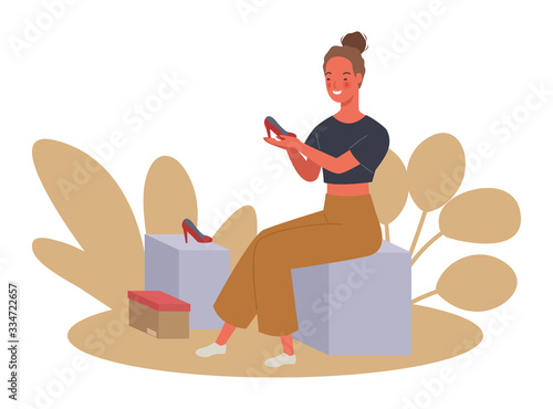 Women shopping. The girl is trying high heels. Vector illustration in a flat style