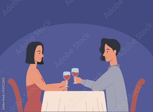 Young man and woman, pair in love having dinner, meeting of two close loving people in romantic relationships in cafe. Vector illustration in a flat style