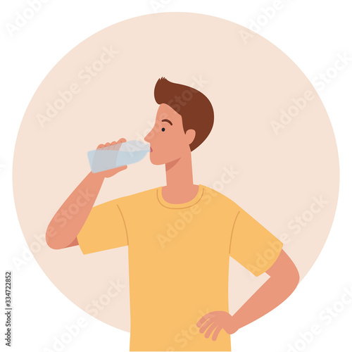 Young man drinking water from plastic bottle. The concept of a healthy lifestyle. Vector illustration in a flat style