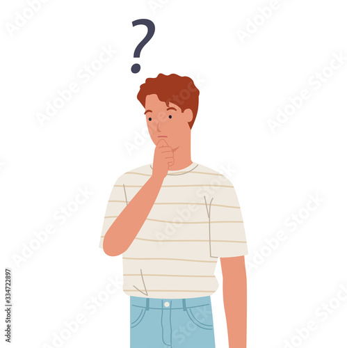 Young man thinking with question mark. Vector illustration in a flat