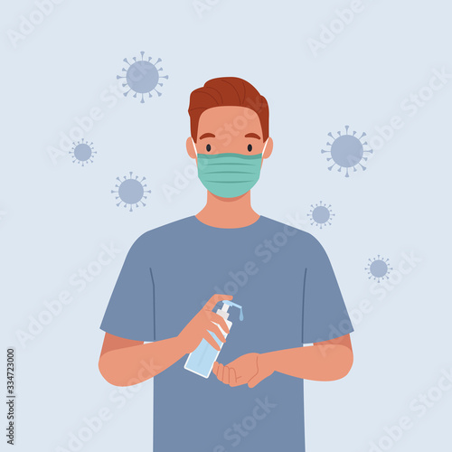 Young man wear masks Use alcohol antiseptic gel to clean hands and prevent germs. Vector illustration in a flat style