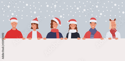 Young people group holding blank banner on winter season. Happy friends with empty sign template at christmas charity benefit. Vector illustration in a flat style