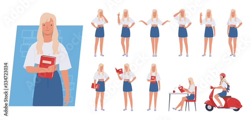 Young woman character set. Student holding book, Riding scooter, Different poses and emotions. Vector illustration in a flat style