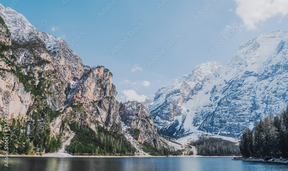 The unesco world heritage Dolomites in Italy lake named Lago de braise, Italy. Beautiful landscape of snowy mountains. Panorama shot. 