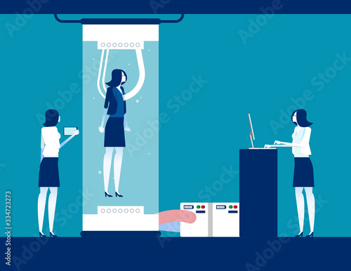 Scientists watching human being in big glass capsule. Human cloning concept