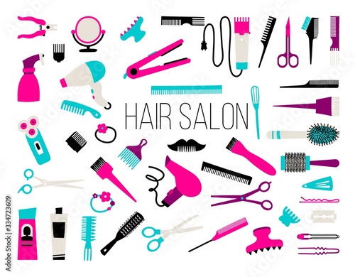 Hair salon - hair cut, manicure, makeup, hair coloring, hairdressing, styling professional beauty tools and equipment big set.