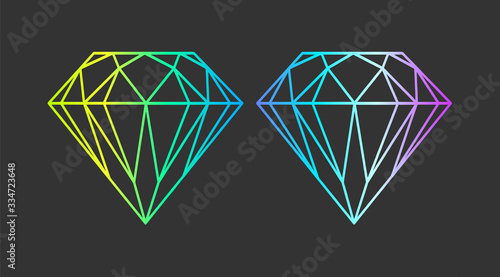Diamond crystal neon icons set on dark background vector illustration. Set of diamonds gemstones.