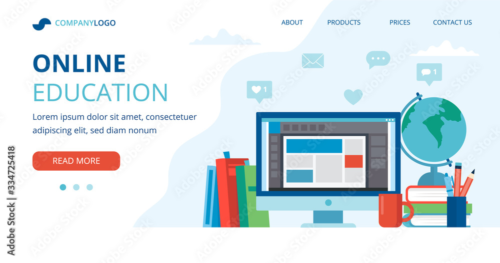 Online education concept with a computer, books and globe. Landing page template, vector illustration in flat style. Online education concept with a computer, books and globe. Landing page template, vector illustration in flat style.