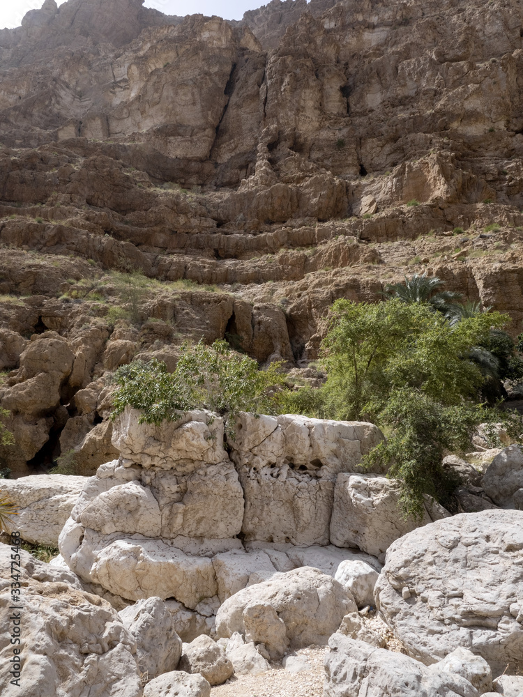 Wadi Shab, beautiful scenery, high rocks, stream with clear water. Oman Wadi Shab, beautiful scenery, high rocks, stream with clear water. Oman