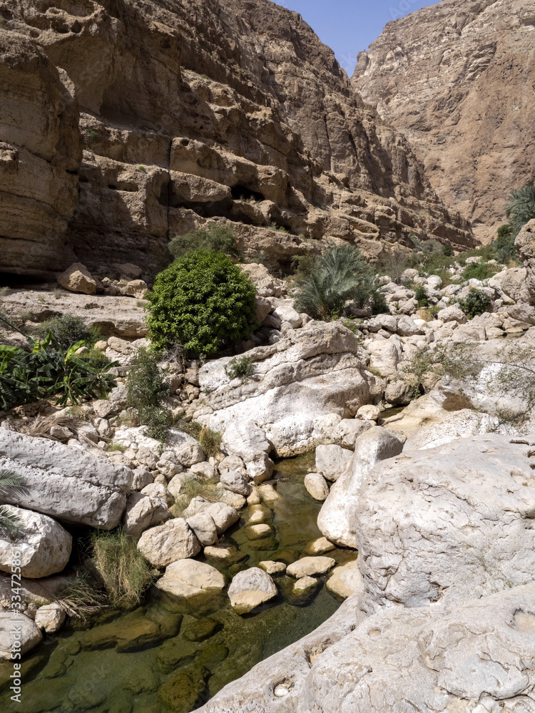 Wadi Shab, beautiful scenery, high rocks, stream with clear water. Oman