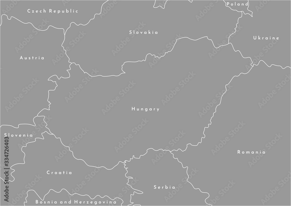 Vector modern illustration. Simplified political map with Hungary in the cener and borders with neighboring countries. Grey color, white outlune