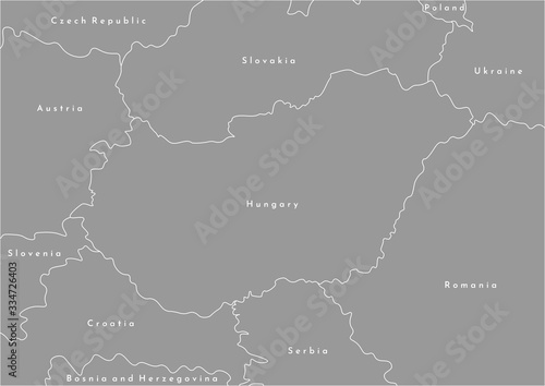 Vector modern illustration. Simplified political map with Hungary in the cener and borders with neighboring countries. Grey color  white outlune