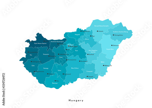 Vector isolated illustration. Simplified administrative map of Hungary (in blue colors). Names of hungarian cities and counties . White background