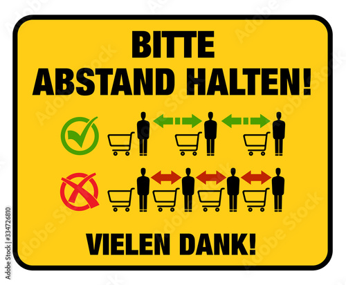 BITTE ABSTAND HALTEN Schild oder Hinweistafel für Supermarkt während Covid-19 Coronavirus Pandemie Vektor Illustration