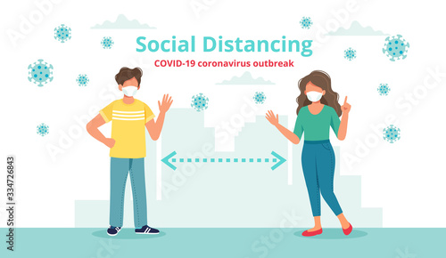 Social distancing concept with two people at a distance waving to each other. Vector illustration in flat style