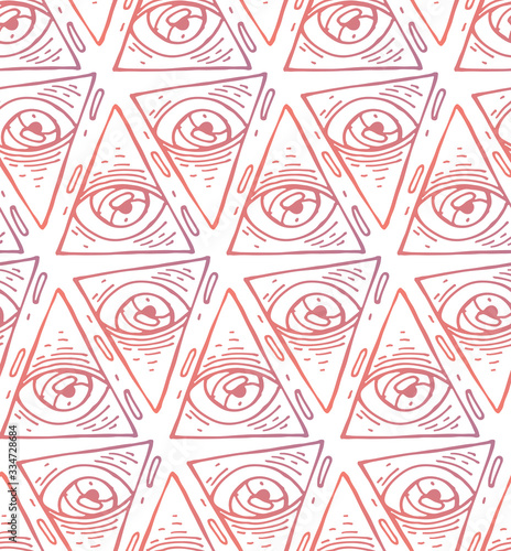 Trendy fashion all seeing eye seamless pattern. Hand drawn Eye pyramidal symbol. Alchemy, religion, spirituality, occultism, textiles art. Isolated vector illustration.