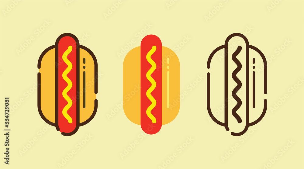 Hot dog. Unhealthy fastfood with ketchup, bun and sausage.. Hot dog with mustard. Vector color flat icon Hot dog. Unhealthy fastfood with ketchup, bun and sausage.. Hot dog with mustard. Vector color flat icon