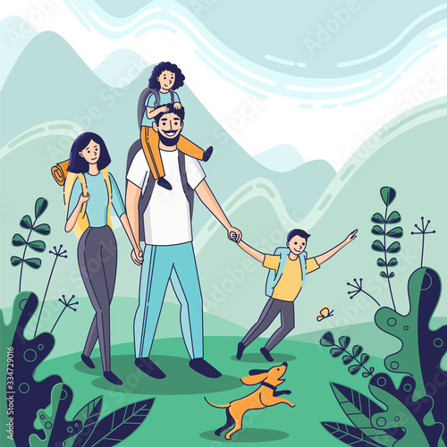 Cartoon Hiking Family. Illustration of a Family with two Children (a boy and a girl) Hiking. Characters with Backpacks on a Mountain Landscape Background. Mom, Dad, Son, Daughter and Pet. 