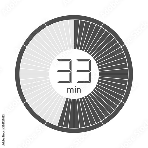 The 33 minutes stopwatch icon, digital timer. Vector illustration.
