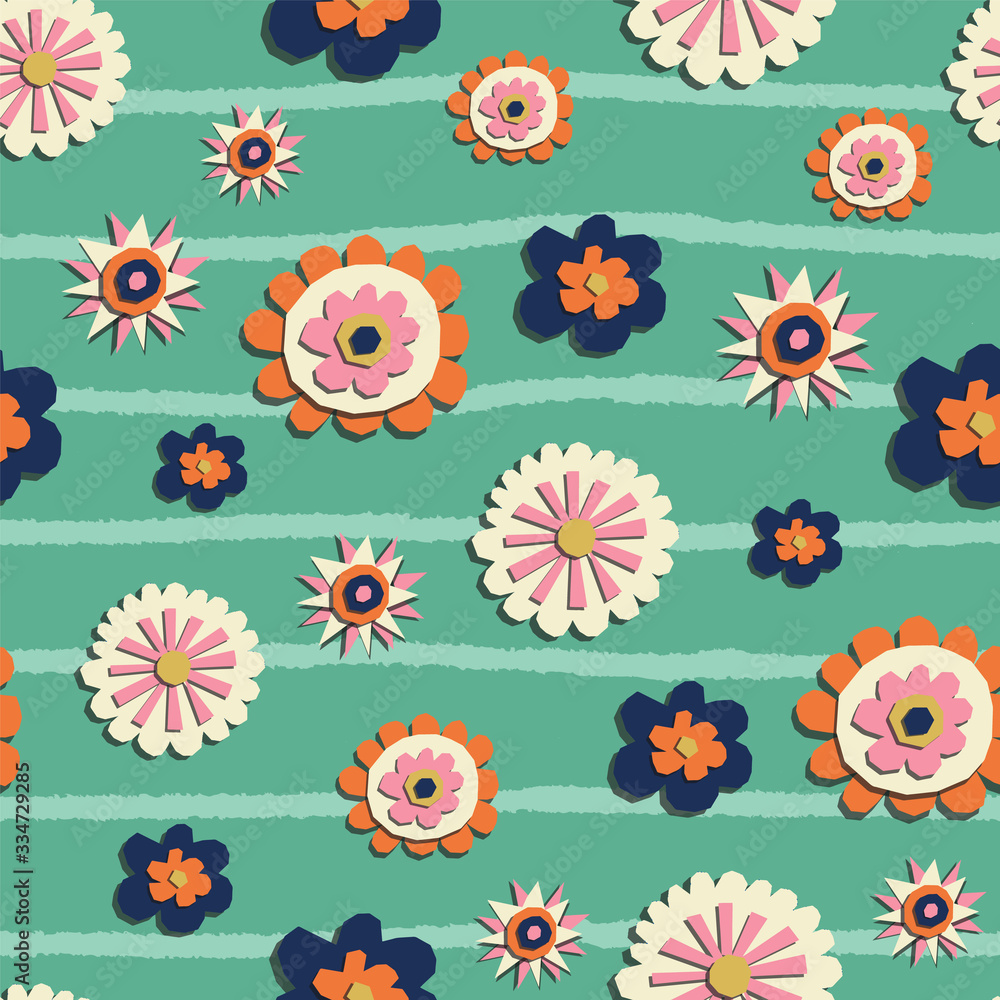 Vector paper cut style flowers seamless pattern