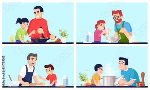 Cooking people, fathers and children with food flat vector illustrations set. Daddies and kids preparing dinner, family members with utensil and cutlery isolated cartoon characters kit