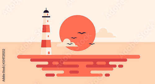 Lighthouse with ocean or sea beach view on background in flat style. Vector marine navigation.Nature seascape background, concept