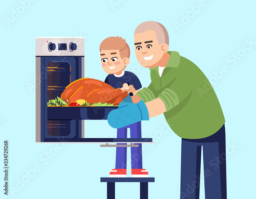 Father and son baking meat in oven flat RGB color vector illustration. Male parent and child cooking turkey, family members preparing dinner together isolated cartoon characters on blue background