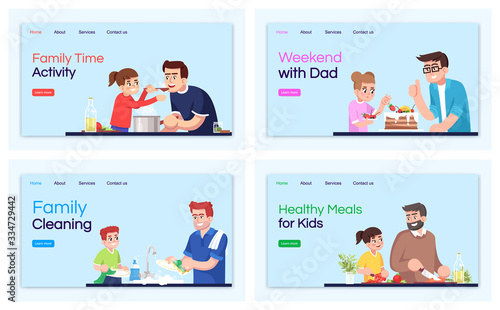 Family leisure landing page vector templates set. Cooking website interface idea with flat illustrations. Weekend with dad homepage layout. Cleaning with kids cartoon web banner, webpages kit