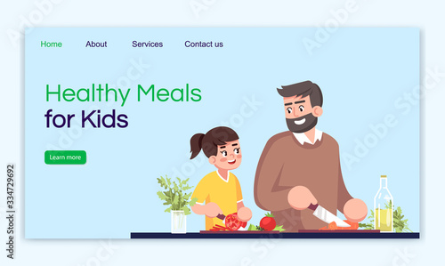 Healthy meals for kids landing page vector template. Natural food recipes website interface idea with flat illustrations. Organic nutrition homepage layout. Healthcare cartoon web banner, webpage