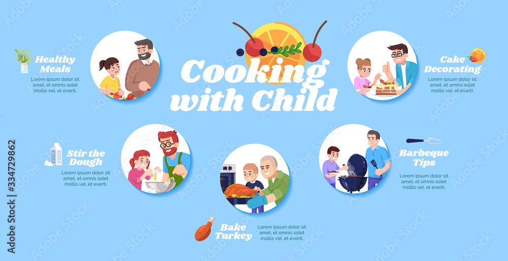 Cooking with child vector infographic template. Healthy meals and barbecue tips UI web banner with flat characters. Baking meat and cake. Cartoon advertising flyer, leaflet, ppt info poster idea