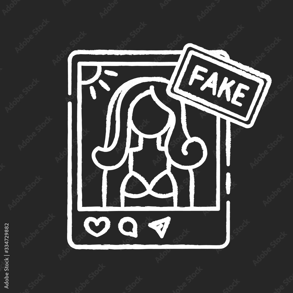 Fake influencer chalk white icon on black background. Fraud blogger profile. Mislead with photo in account. Deception with social media page. Isolated vector chalkboard illustration