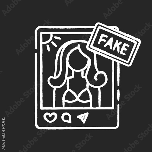 Fake influencer chalk white icon on black background. Fraud blogger profile. Mislead with photo in account. Deception with social media page. Isolated vector chalkboard illustration