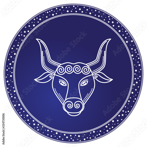 Taurus zodiac sign of bull with horns. Horoscope and astrology symbol of people born in april and may. taurens sign in circle, isolated icon in flat. Astrological element in circular shape vector