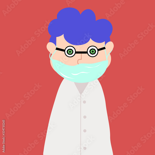 doctor dressed in glue, hair in blue, face looked tired from working in the hospital for a long time to fight the corona epidemic Covid-19. Falt vector illustrate.