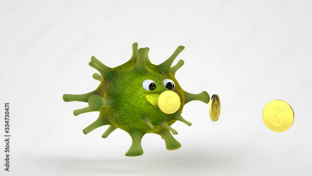 Cute virus character eating coins. Economics crisis concept. Seamless loop 3D render animation Cute virus character eating coins. Economics crisis concept. Seamless loop 3D render animation