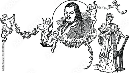 de Balzac portrait with lady reading book, Vintage Engraved line art drawing black and white Illustration