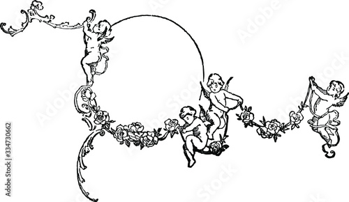 Schilderij op canvas Cherubs with wreath, empty oval frame Vintage Engraved line art drawing black an