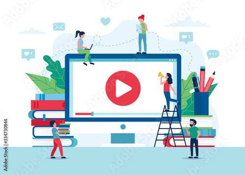 Online education concept, screen with video, books and pencils. Small people characters. Vector illustration in flat style