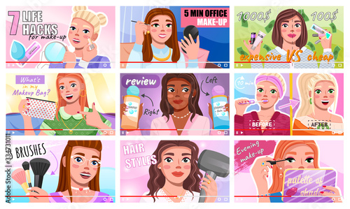 Set of vlogs of video bloggers. Beauty fashion woman blog. Beautiful female bloggers sharing information about style, makeup trends. Cartoon video tutorials, training courses. Blogging cosmetic review