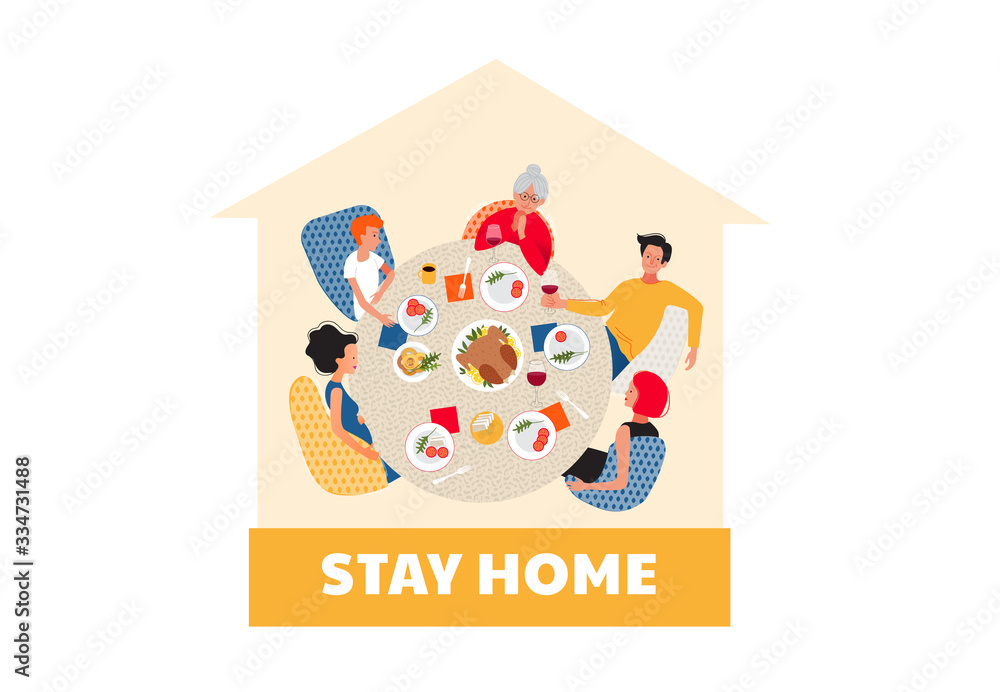 Fototapeta premium Stay home. Lockdown. Dinner with extended family. Family around the table during quarantine. Covid-2019. Coronavirus pandemic. Flat cartoon style design vector illustration.