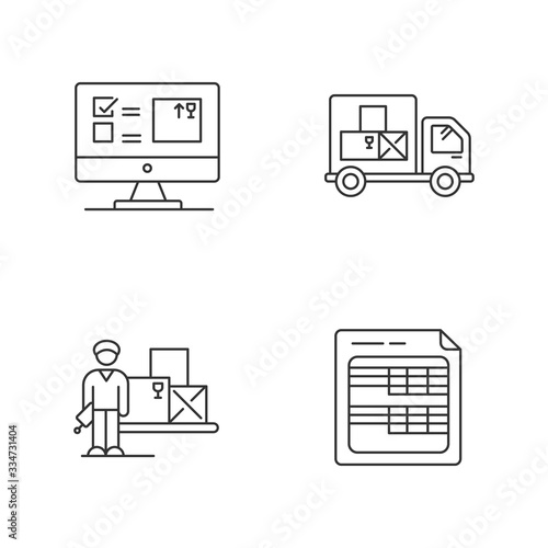 Storekeeping and inventory tracking system pixel perfect linear icons set. Goods quantity control. Customizable thin line contour symbols. Isolated vector outline illustrations. Editable stroke