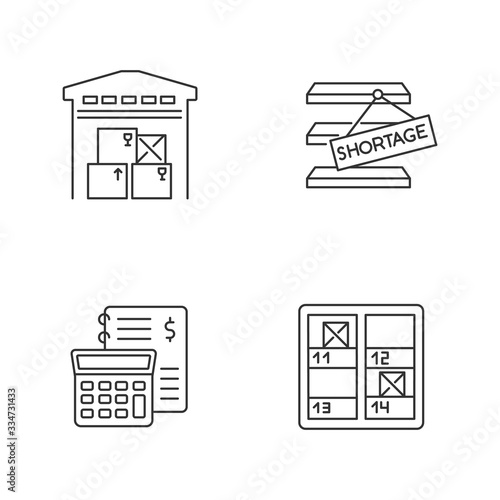 Warehouse management pixel perfect linear icons set. Goods counting, financial bookkeeping, storekeeping. Customizable thin line contour symbols. Isolated vector outline illustrations. Editable stroke