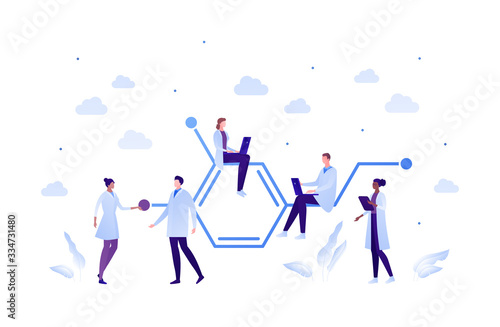 Science chemistry laboratory concept. Vector flat person illustration. Mixed ethnic team of male and female with formula sign. Laptop and textbook. Design for scientist teamwork banner